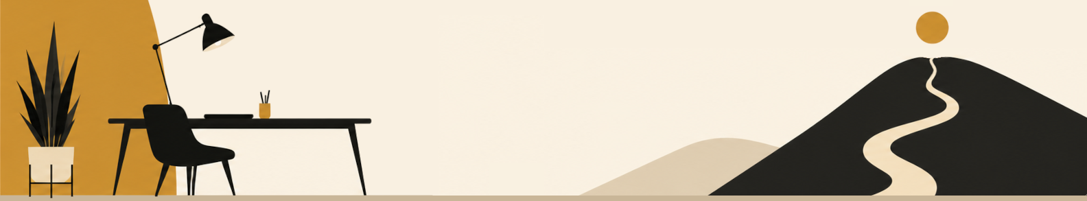 Illustrated banner: a person at a desk, winged glasses, and a target on a mountain path